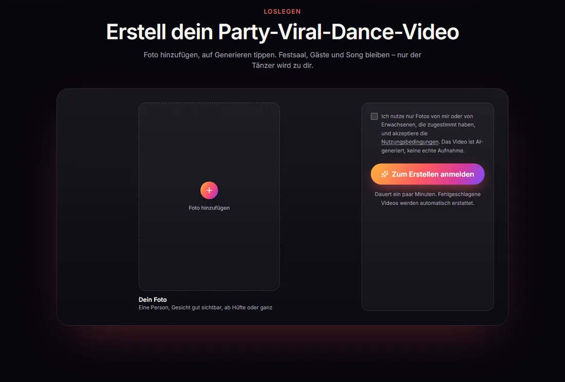 Der Party Viral Dance AI Generator vor der Anmeldung