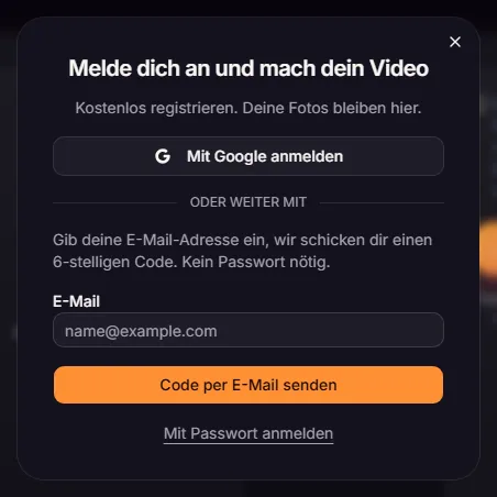 Das Anmeldefenster von Party Viral Dance AI
