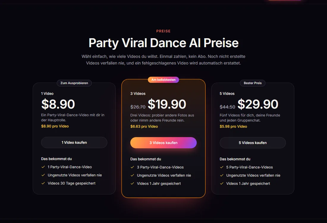 Die Videopakete von Party Viral Dance AI auf der Preisseite