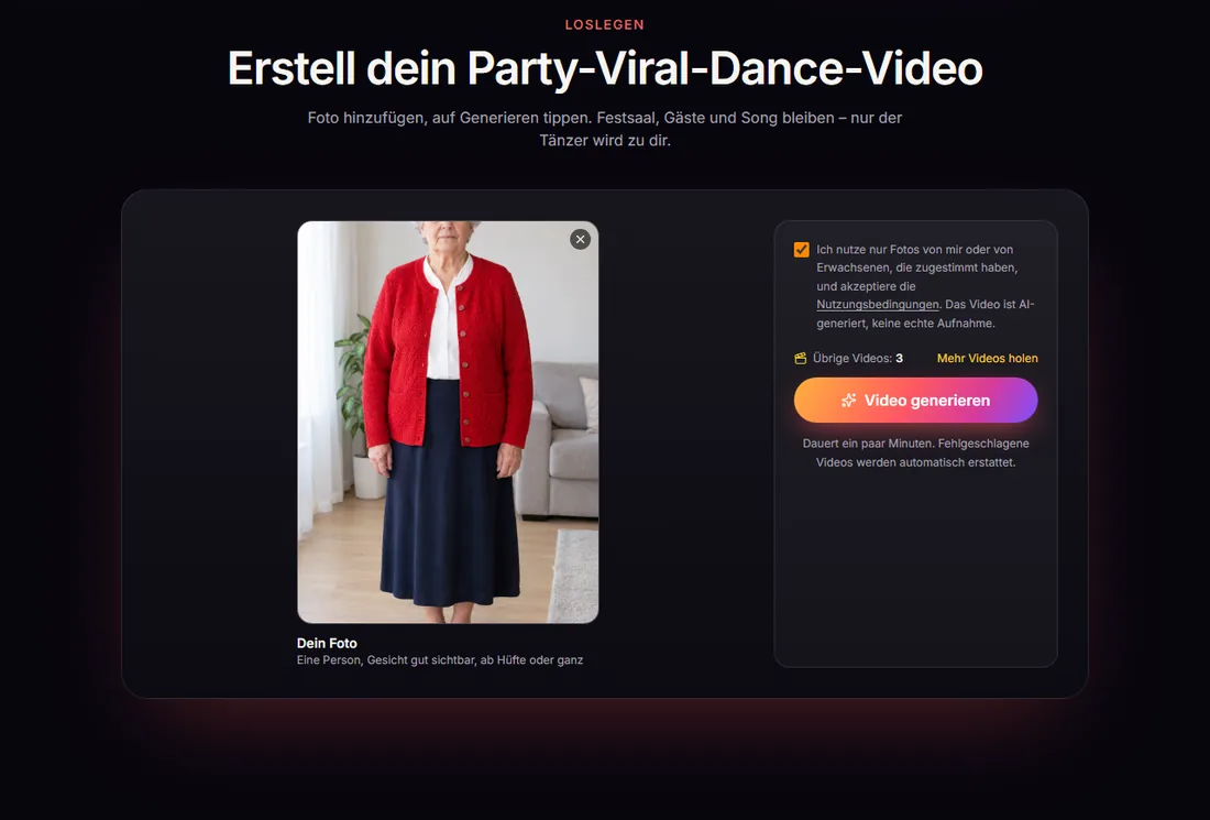 Ein Ganzkörperfoto im Party Viral Dance AI Generator