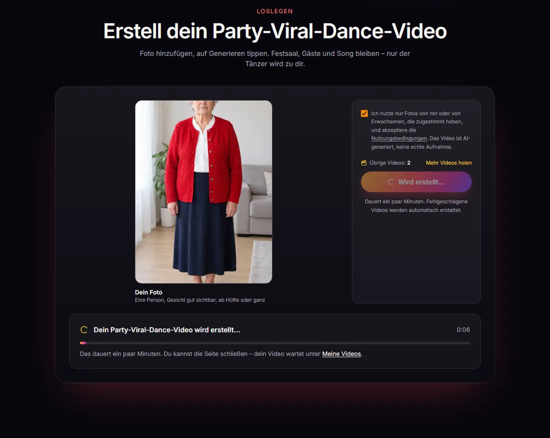 Der Generator, während ein Party-Viral-Dance-Video gerendert wird