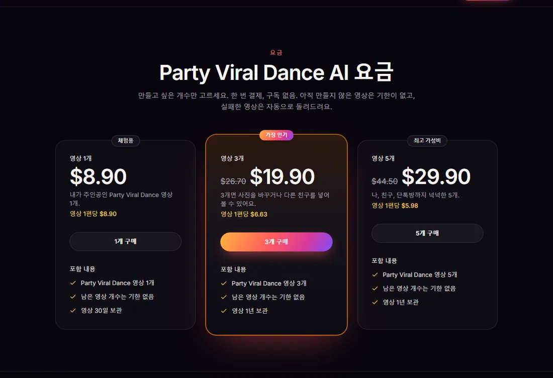 가격 페이지의 Party Viral Dance AI 영상 패키지