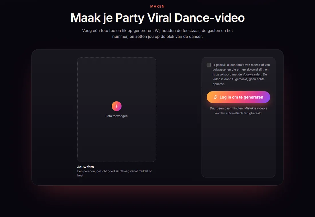 De Party Viral Dance AI-generator voordat je bent ingelogd