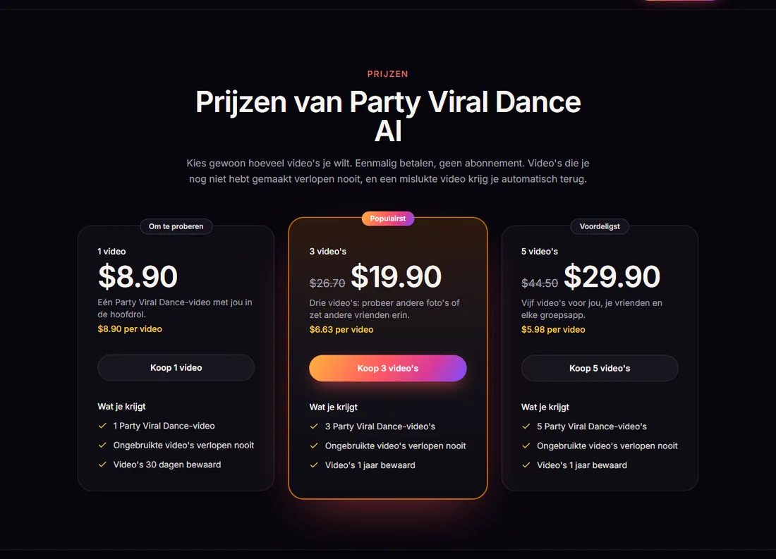 Videopakketten van Party Viral Dance AI op de prijspagina