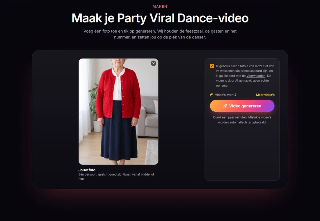 Een foto ten voeten uit in de Party Viral Dance AI-generator